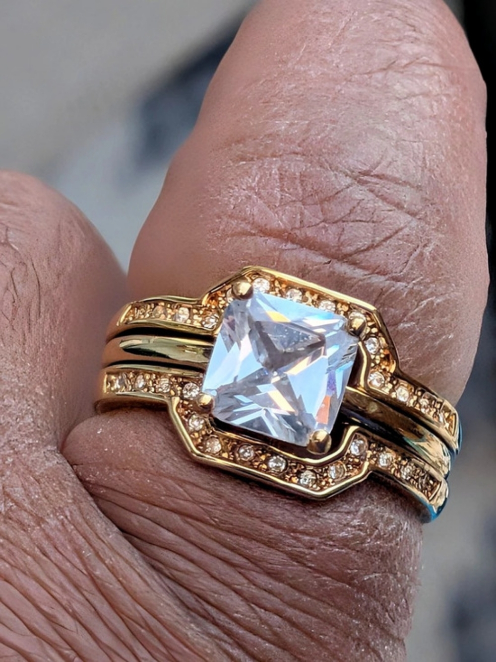 Vintage NVG Stamped Gold Tone 3-Piece CZ Bridal Ring Stack Set - Size 10
